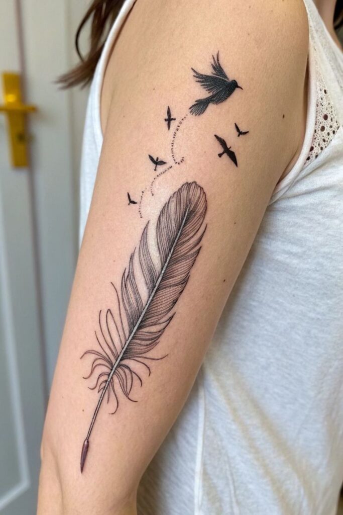 Birds flying from a feather, signifying freedom.